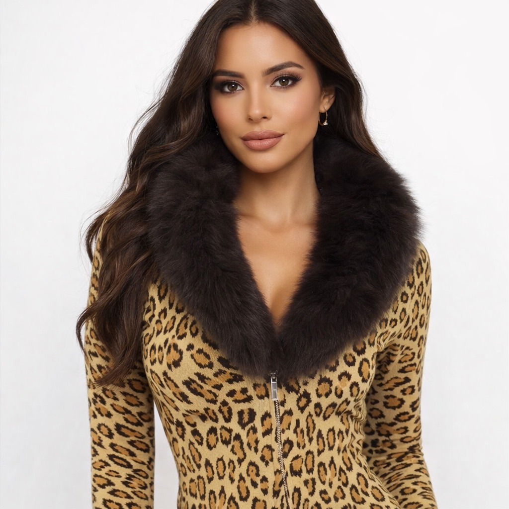 Cache Zipper Sweater Small Leopard Animal Print Fox Fur Collar Knit Cardigan Top